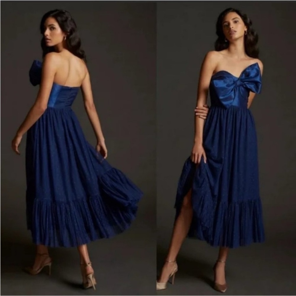 Anthropologie Navy Tulle Bow-Tie Midi Dress